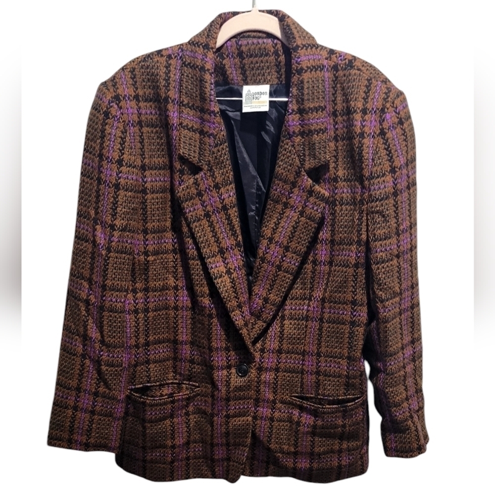 Vintage London Fog Wool Plaid Blazer Brown Purple Size 14 Pre-Owned